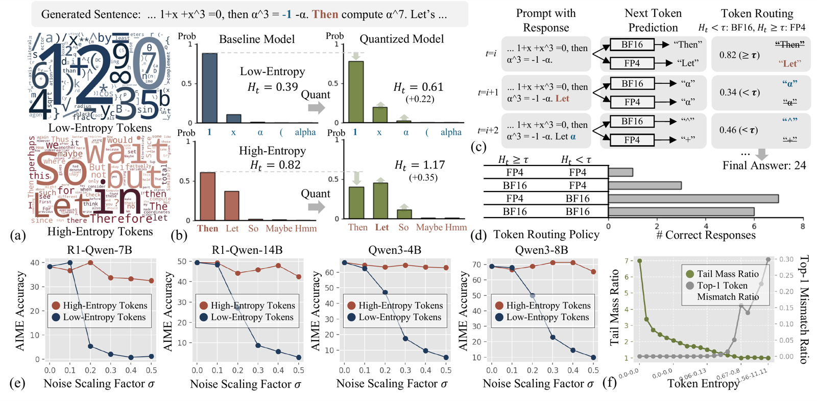 Token entropy semantics, predictive distribution flattening under quantization, entropy-aware mixed-precision decoding, logit-noise sensitivity, and tail-mass inflation at low-entropy tokens